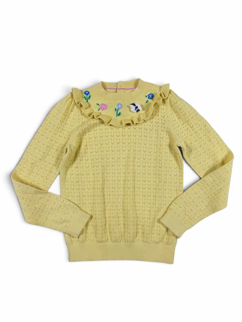 Mini Boden Girls Pointelle Sweater Yellow Bee Floral Ruffle 11-12 Years